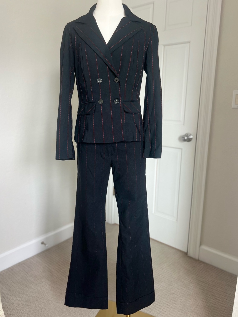 Y2K Academia Goth Bisou Bisou Suit Set Blazer Low Rise Flare Pants Pinstripe 8